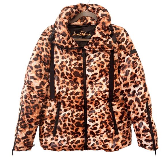 Sam Edelman Leopard Cheetah Print Puffer Funnel Neck Jacket Size M - Picture 4 of 15